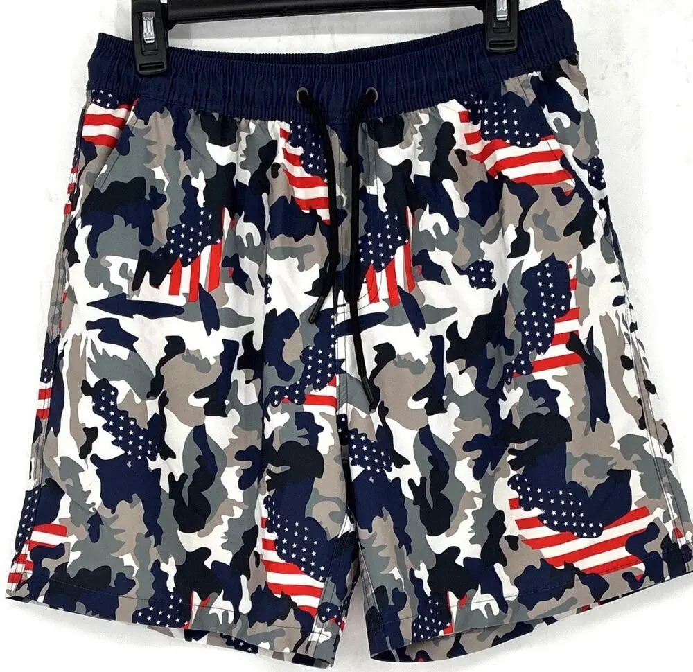 Red Wht Blue Americana Mens L Red Drawstring Elastic 250th BDAY Swim Trunk Mesh